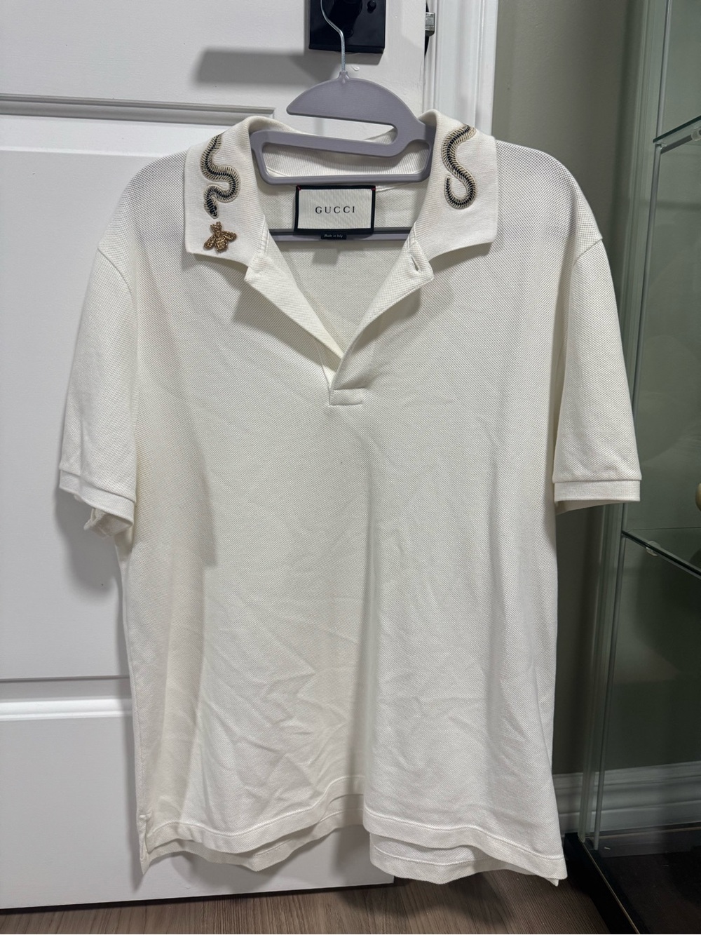 Gucci White Polo with Embroidered Snake and Bee Collar
